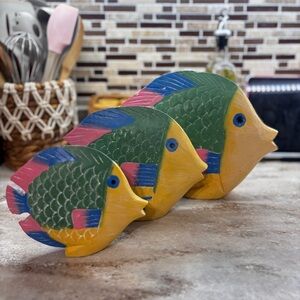 Hand Painted Carved Wooden Fish Statues Set of 3 Coastal Tropical Beach Colorful